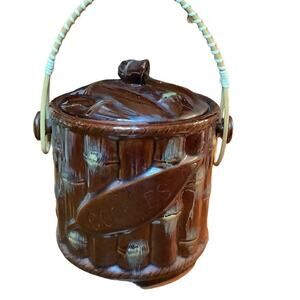 REDWARE 1960's Bamboo Cookie Biscuit Jar Rattan Handle JAPAN
